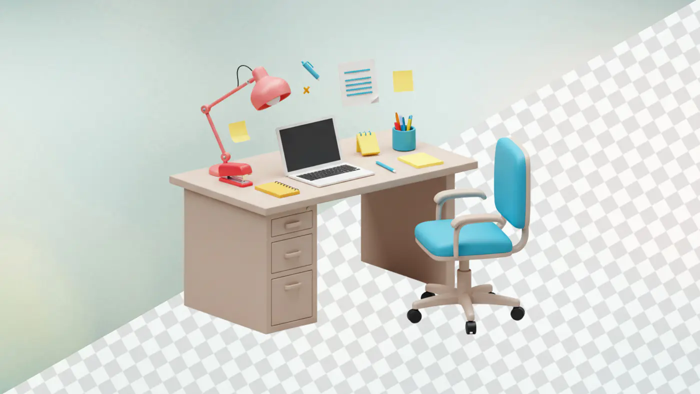 Modern office desk setup with laptop and accessories