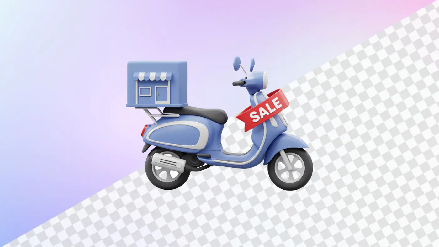 Blue scooter with miniature shop and sale sign