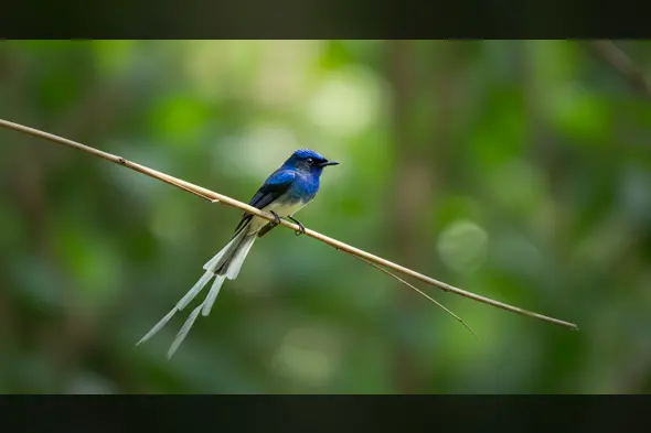 Indian Paradise Flycatcher Resting on Bamboo Twig in the Forest