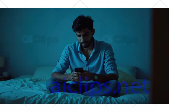Man Sitting on Bed Using Smartphone at Night