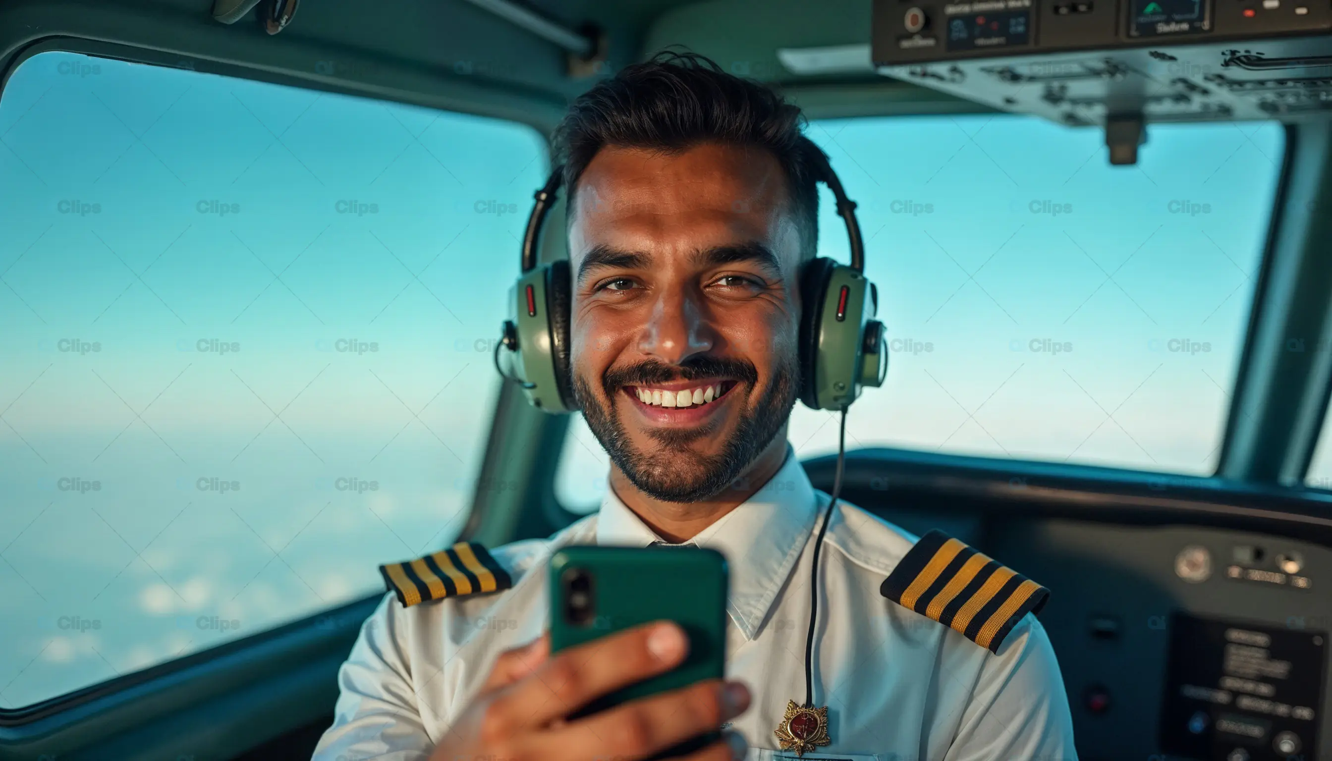 Smiling Pilot in Cockpit Using Phone