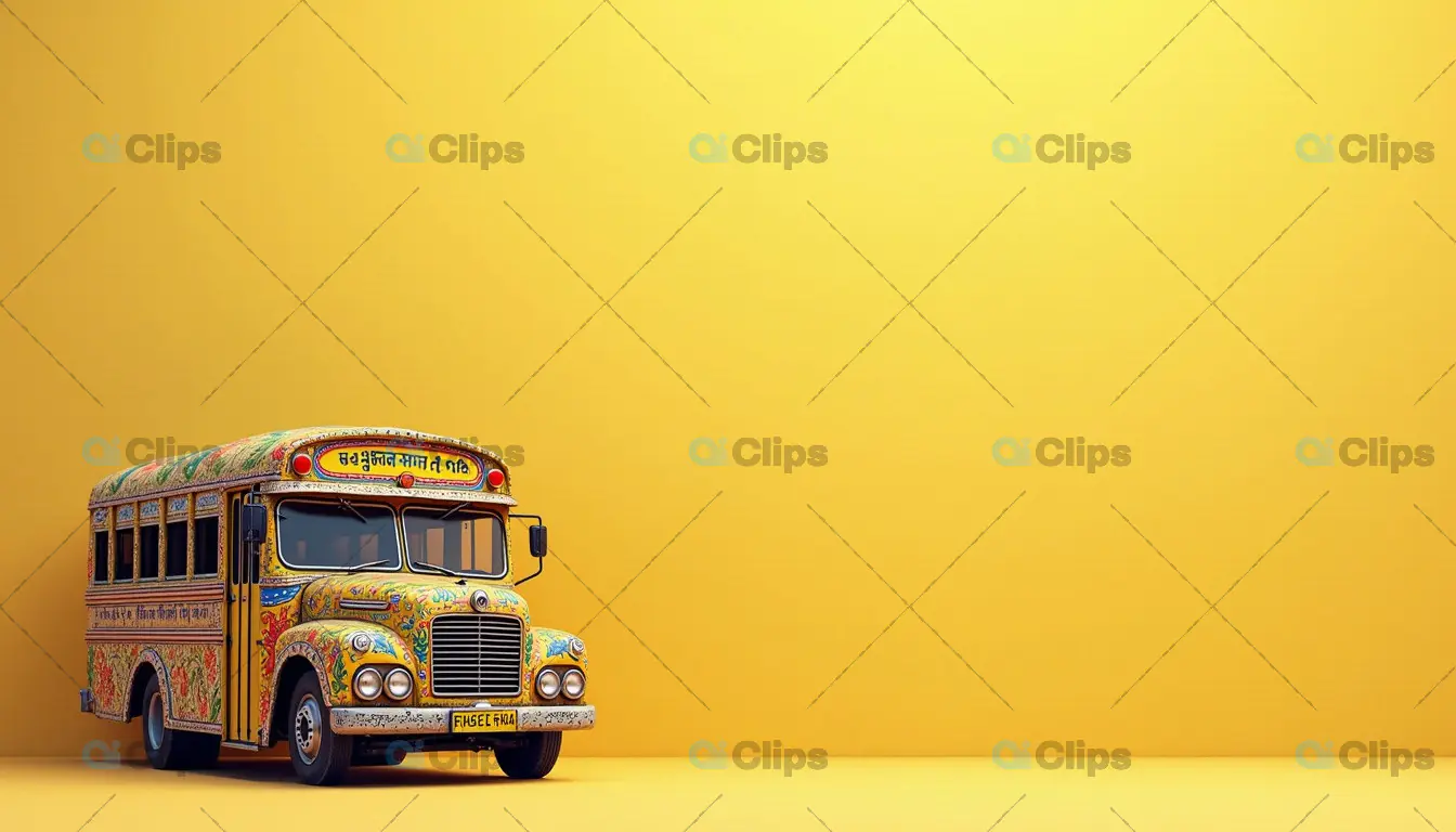 Traditional Indian Bus with Vibrant Artwork on Yellow Background