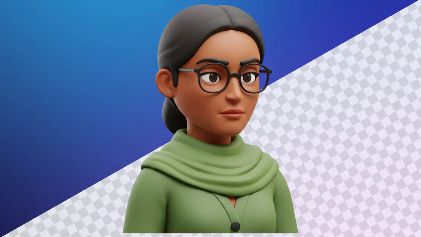 3D avatar woman green outfit glasses realistic portrait