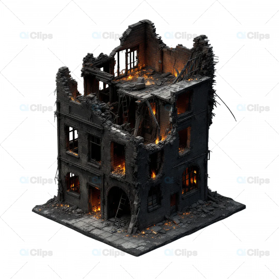 3D War-Torn Building with Burning Interior