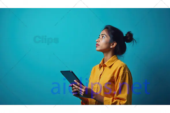 Young Woman Holding Tablet Against Teal Background