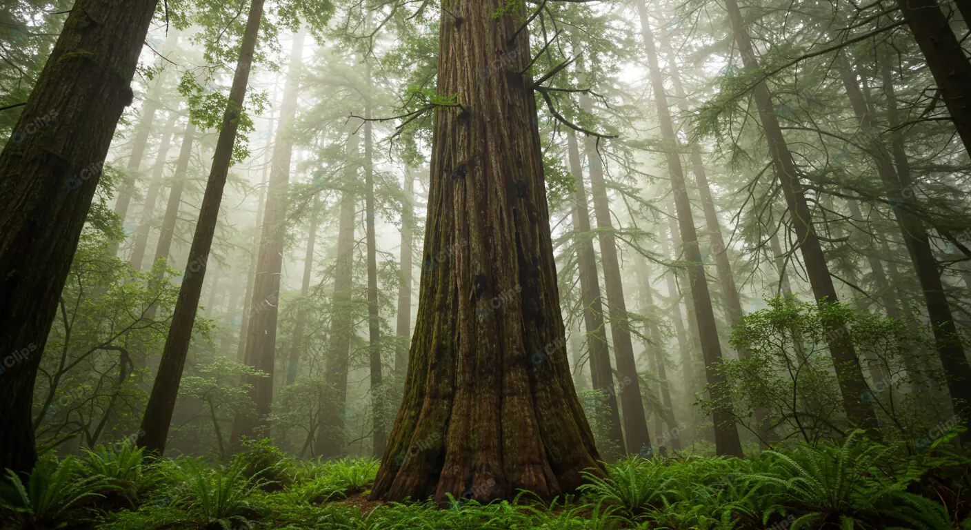 Majestic Redwood in Misty Forest