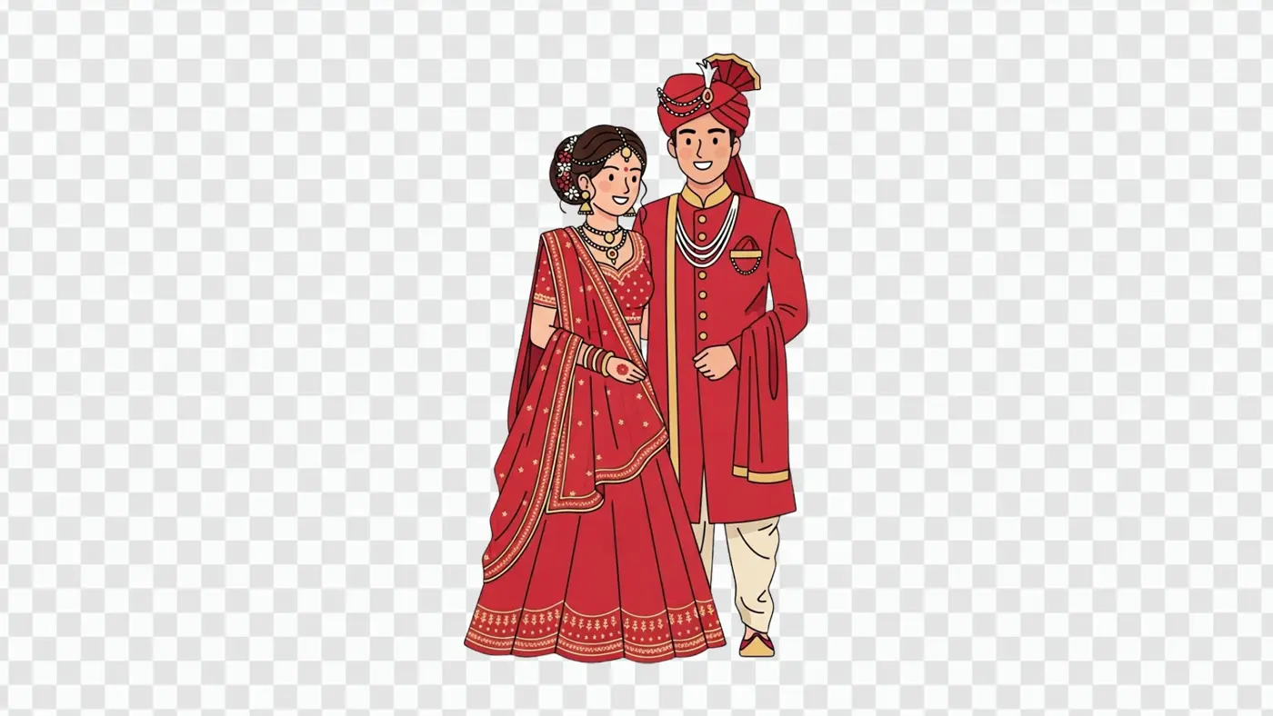 Indian Wedding Couple in Traditional Red Attire Clipart PNG
