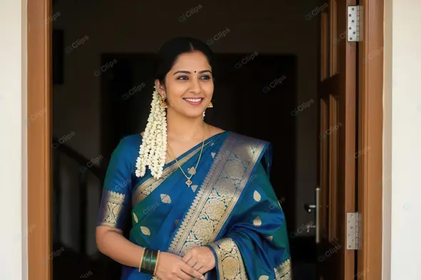 Elegant Indian Woman in Traditional Blue Saree
