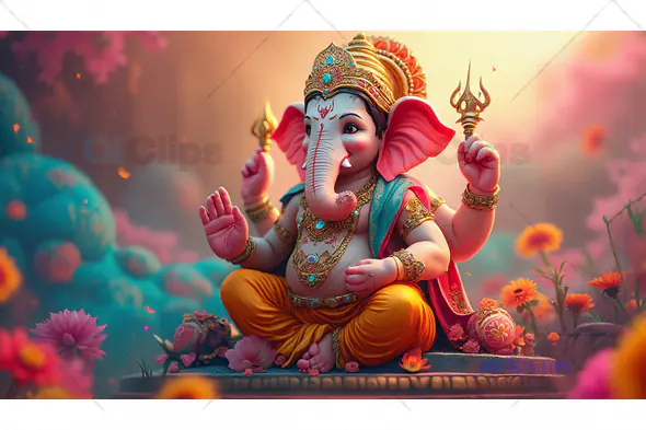 Divine Lord Ganesha in Vibrant Floral Setting