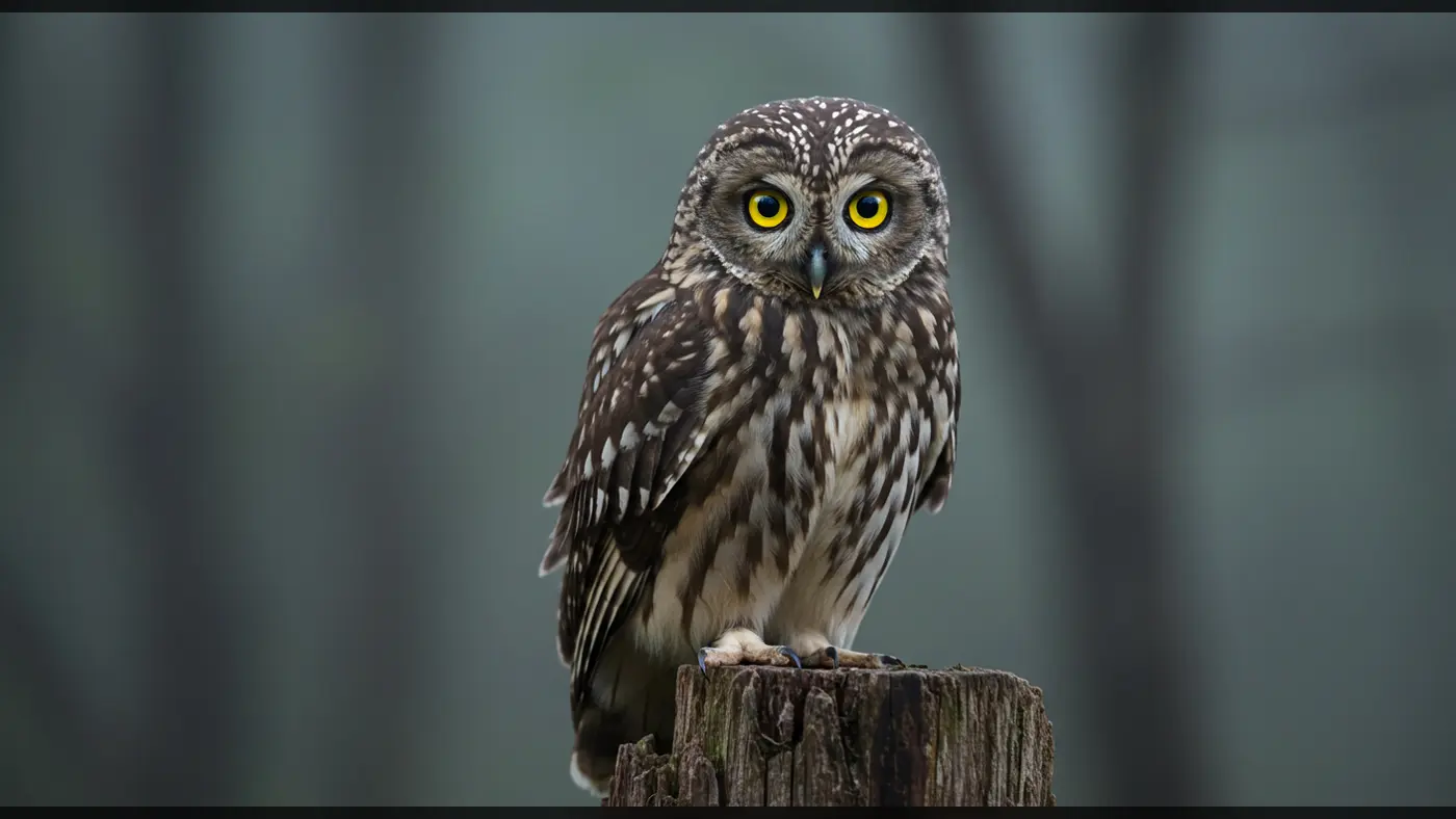 Close-Up Owl on Wooden Post – Moody Indian Forest Wildlife Scene