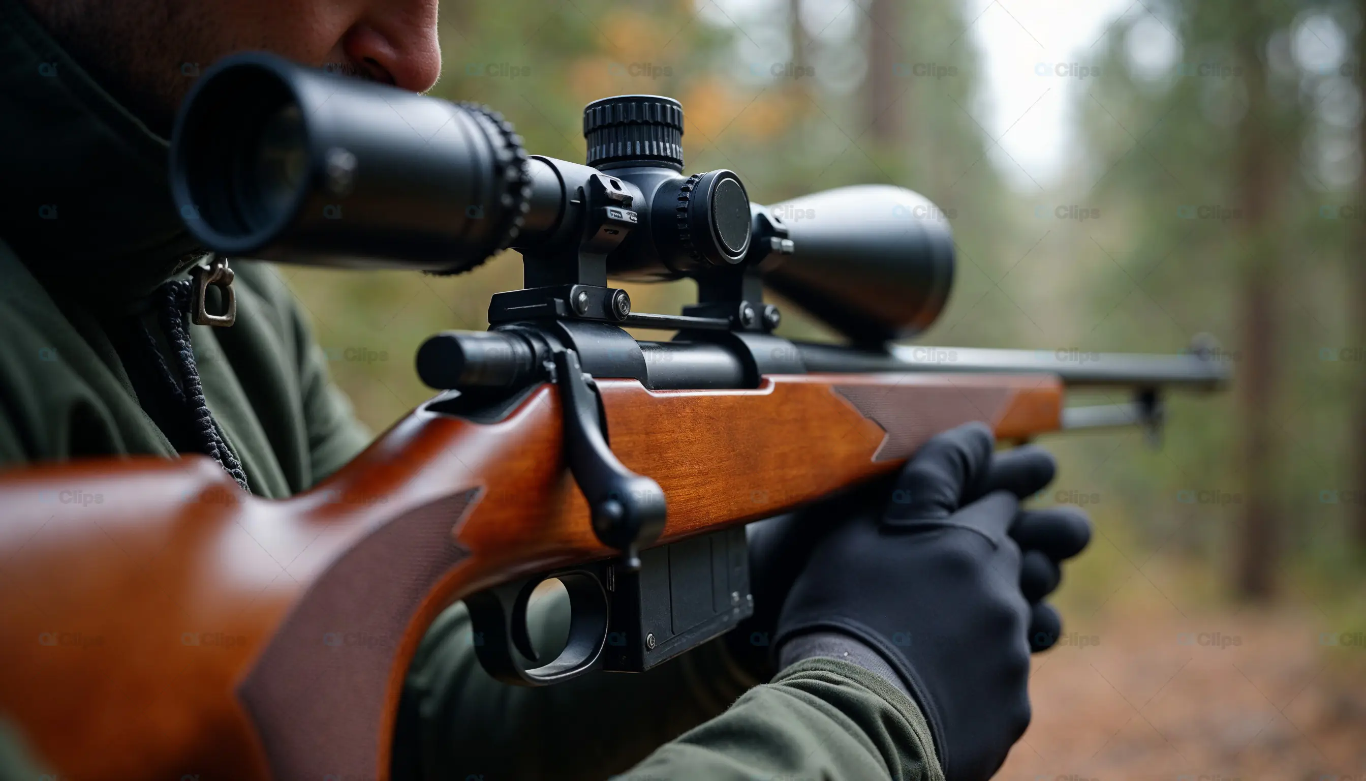 Scoped Rifle Close-Up in Forest Setting