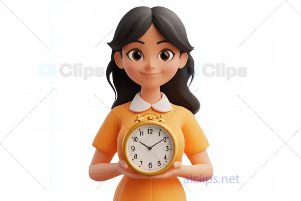 3D Girl Avatar Holding a Clock in Yellow Dress