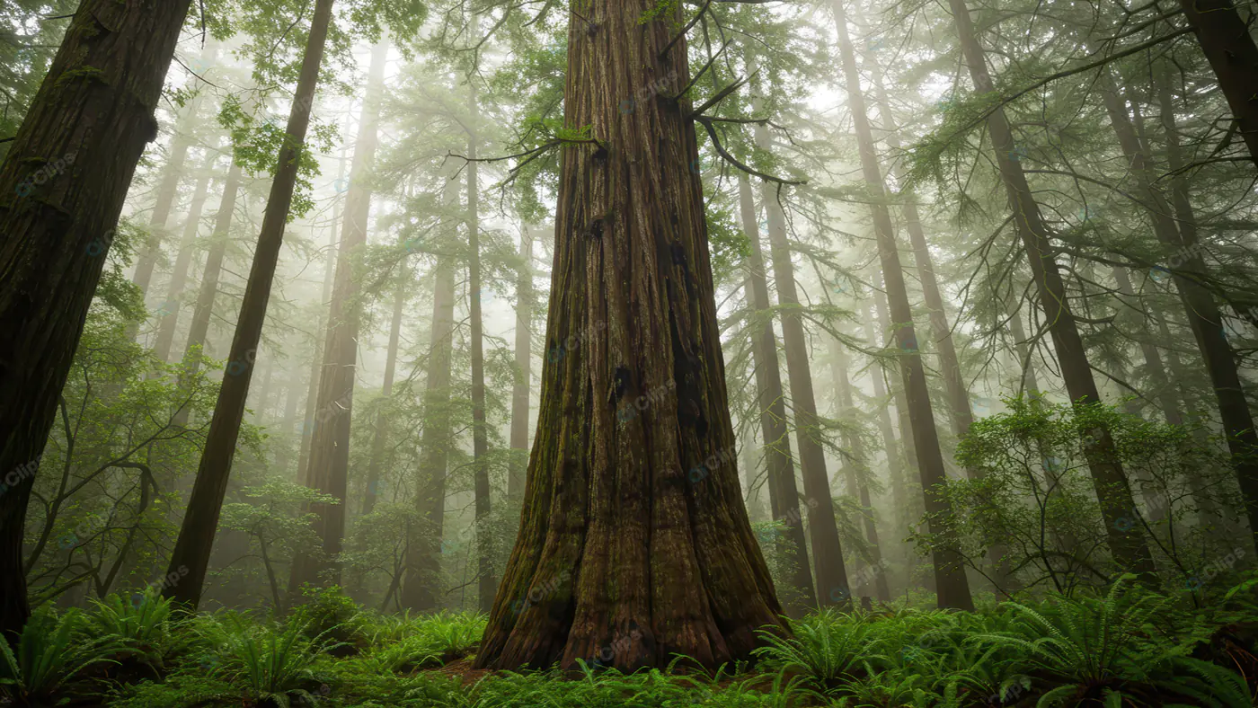Majestic Redwood in Misty Forest