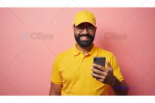 Smiling Man in Yellow with Smartphone
