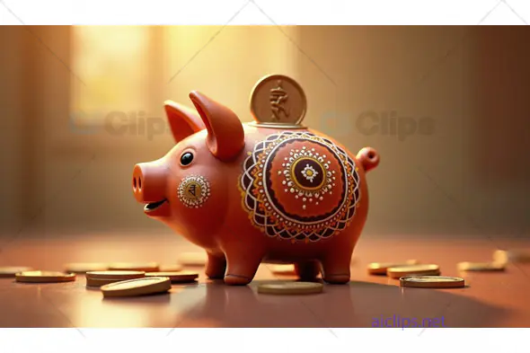 Decorative Piggy Bank with Coins - Financial Savings and Tradition