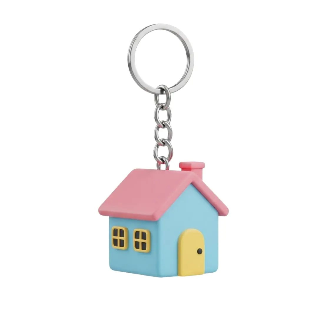 Colorful house keychain with pastel blue and pink