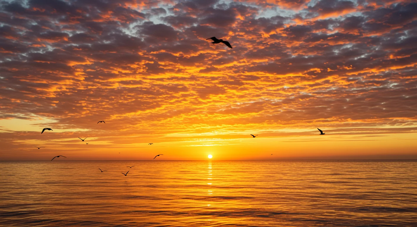 Soothing Ocean Sunrise with Birds – Peaceful Morning Sky Background