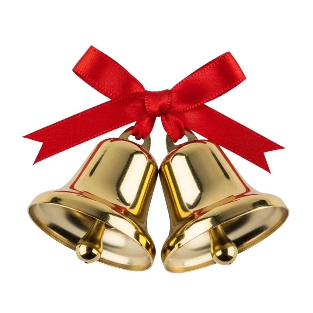 Golden Christmas Bells with Red Ribbon Bow Clipart PNG