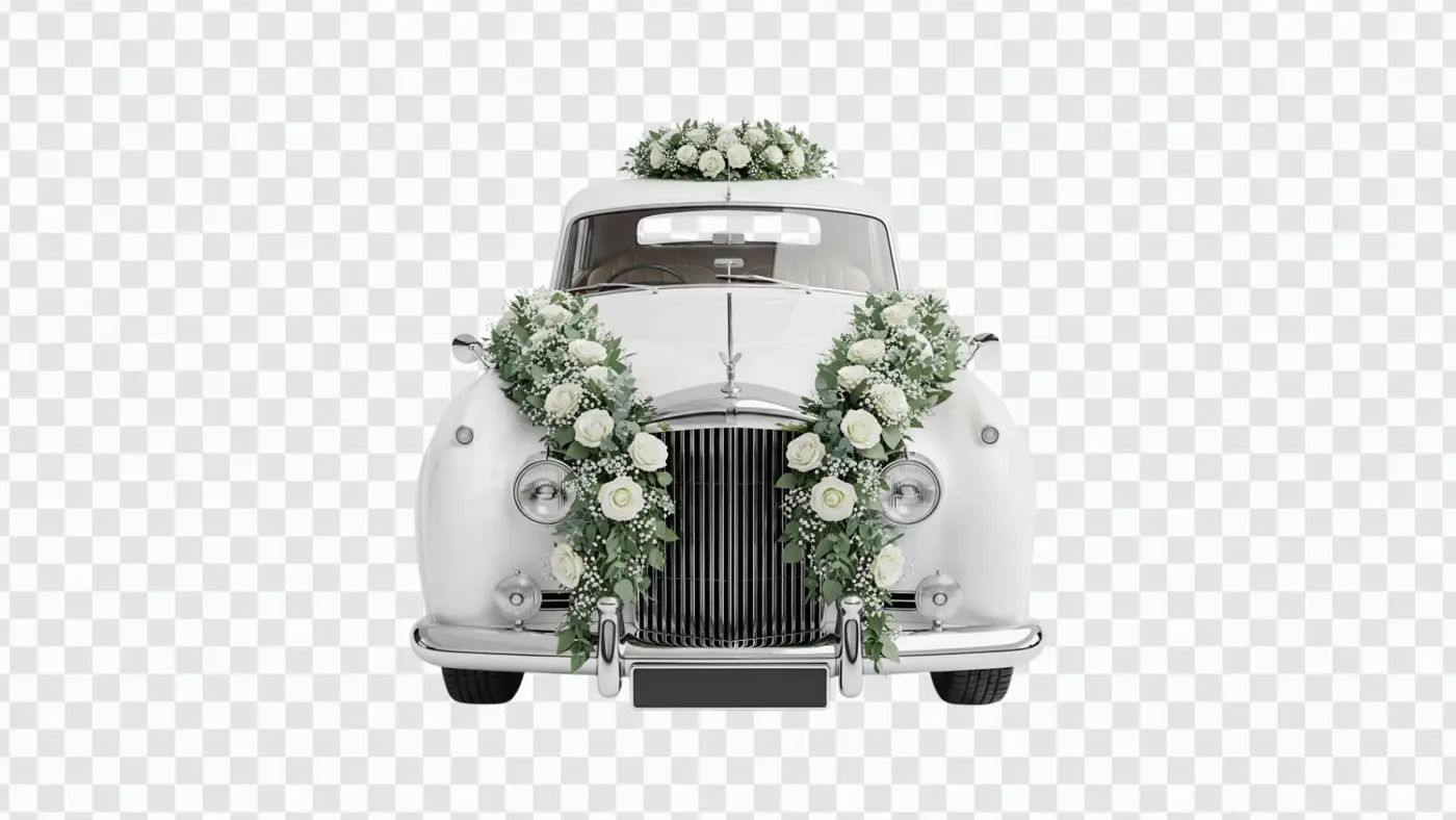 White Vintage Wedding Car with Roses Decoration PNG