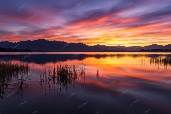 Fiery Lakeside Sunset Panorama