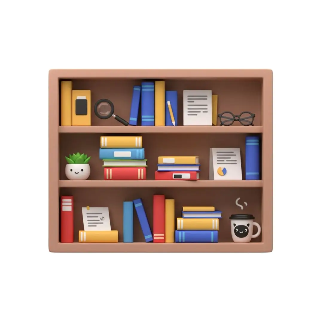 Wooden bookshelf with colorful books and office items