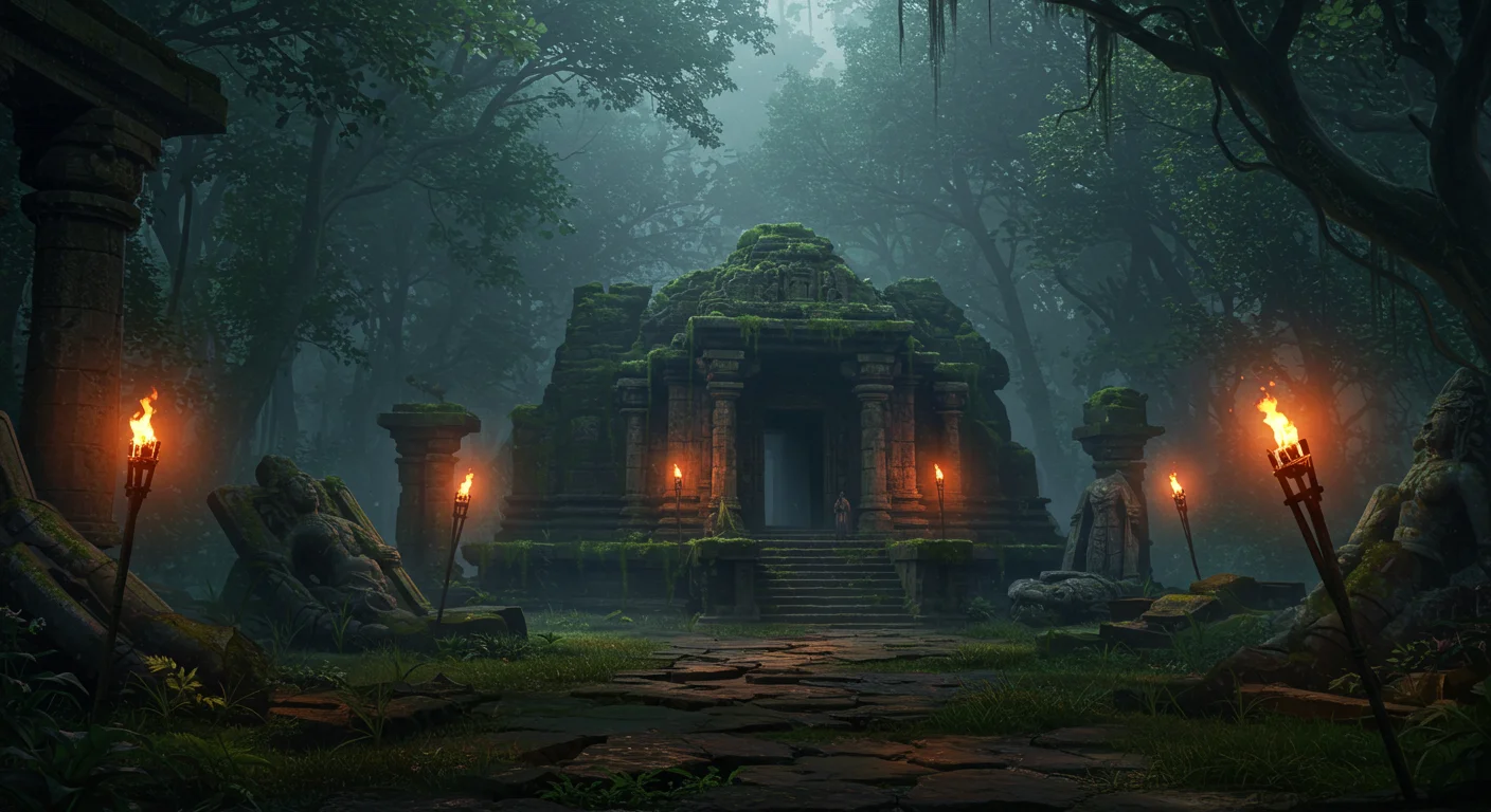 Ancient Temple Entrance in Jungle – Mossy Stone Architecture with Fire Torches