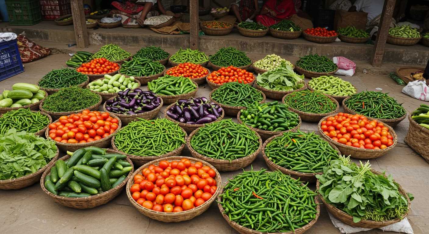 Colorful Indian Vegetable Market Basket Display | AIClips Rural Bazaar Stock