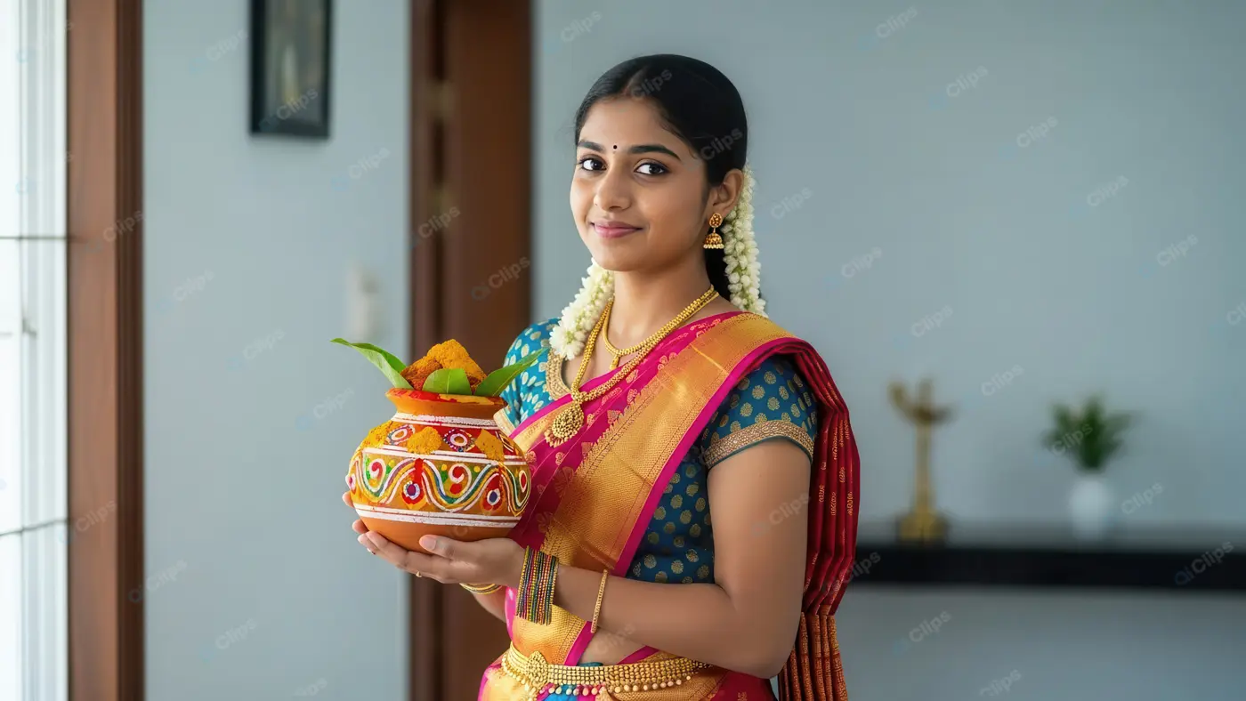 Graceful Indian Woman with Festive Offering