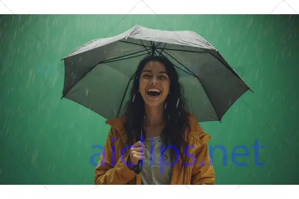 Woman Laughing Under Umbrella in Rainfall