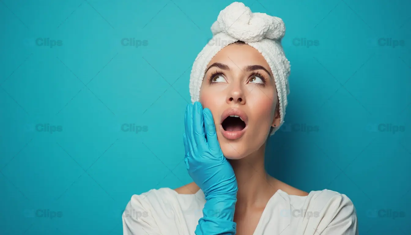 Surprised Woman in Towel Turban with Gloved Hand