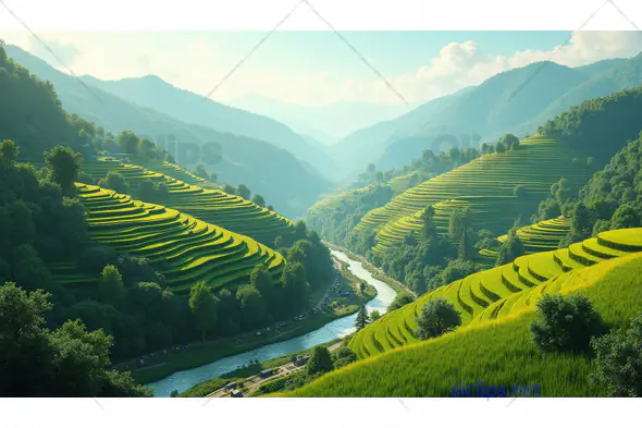 Serene Terraced Rice Fields in Mountain Valley