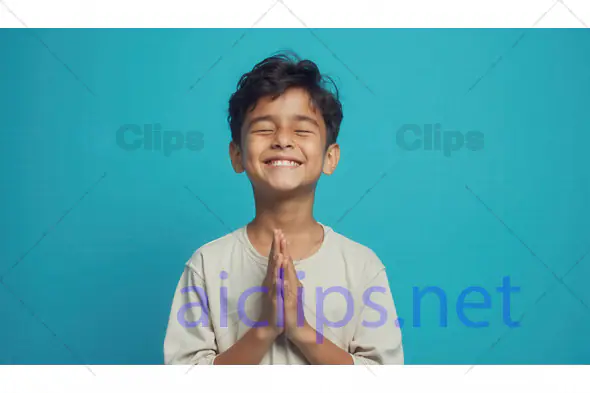 Smiling Child in Namaste Pose on Blue Background