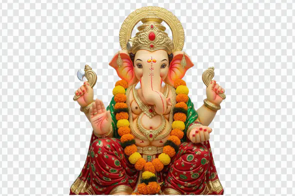 Ornate Ganesha Deity with Marigold Garland PNG