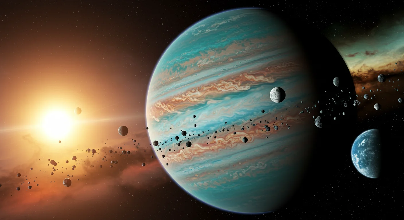 Galactic Sunrise over Ringed Gas Giant with Moons and Asteroids
