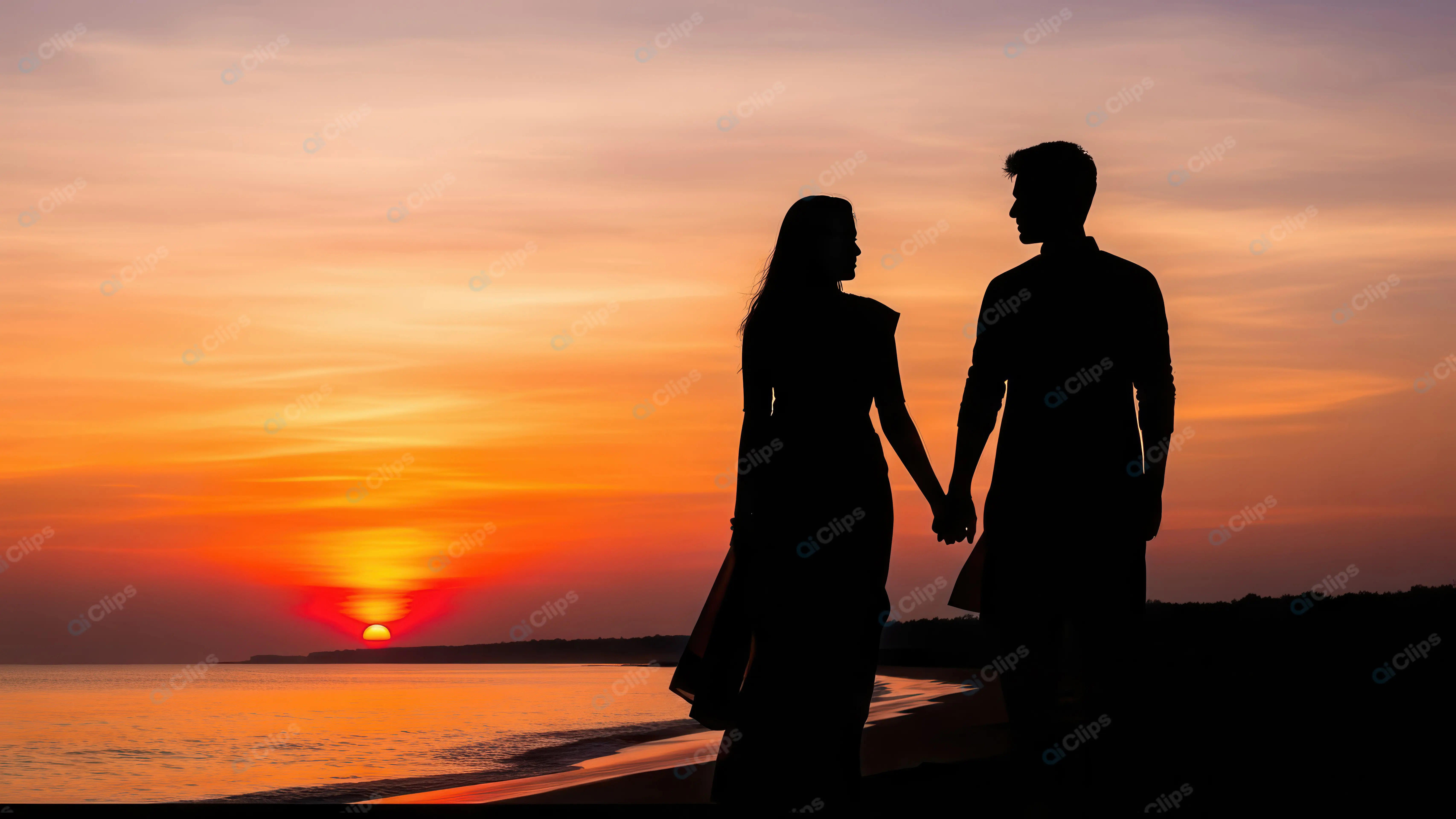 Romantic Silhouette of a Couple on a Sunset Beach