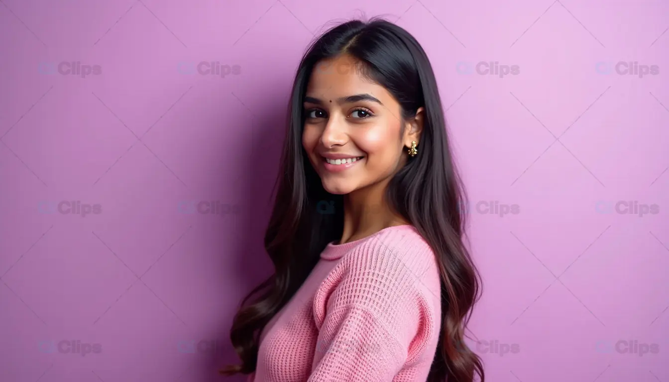 Smiling Woman in Pink Sweater Against Purple Background