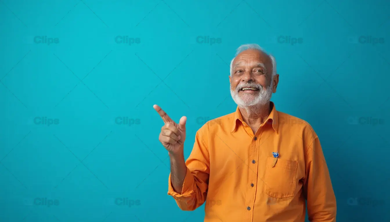 Smiling Elderly Man Pointing Upwards on Blue Background