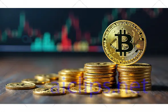 Stacked Bitcoin Coins with Trading Background