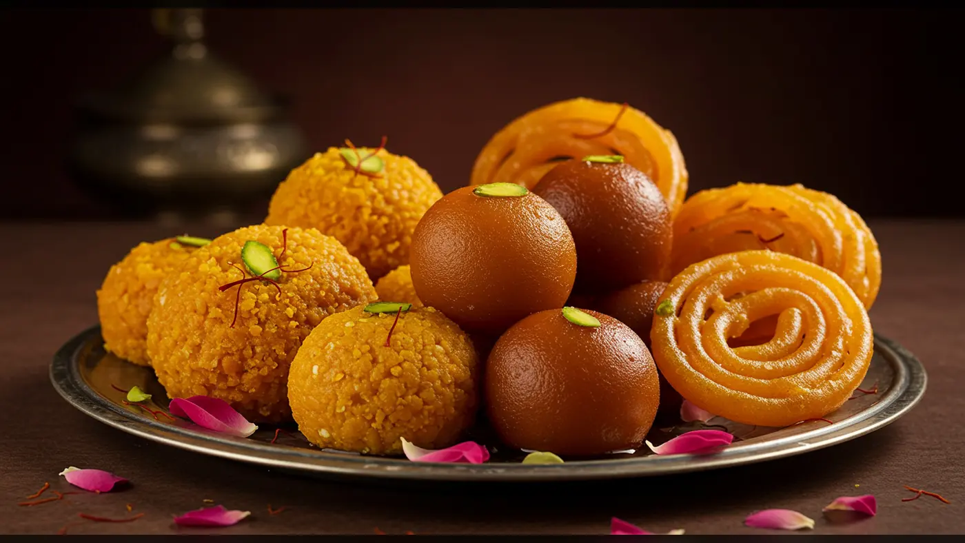 Festive Indian Mithai Plate with Gulab Jamun, Boondi Ladoo & Jalebi | AIClips