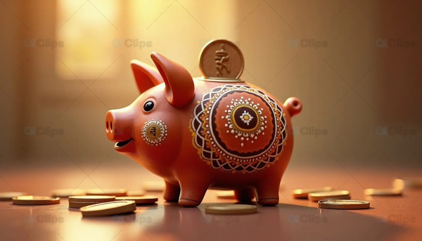 Decorative Piggy Bank with Coins - Financial Savings and Tradition