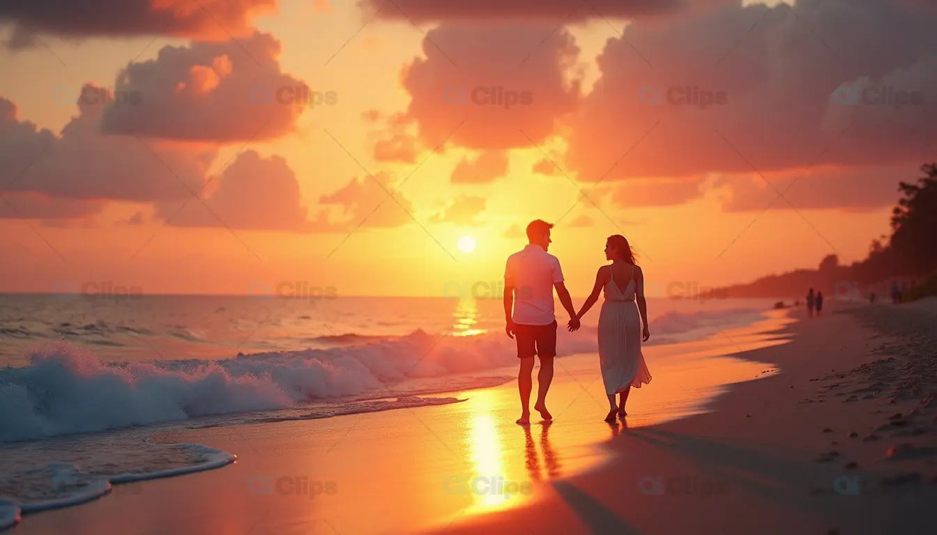 Romantic Sunset Walk on the Beach