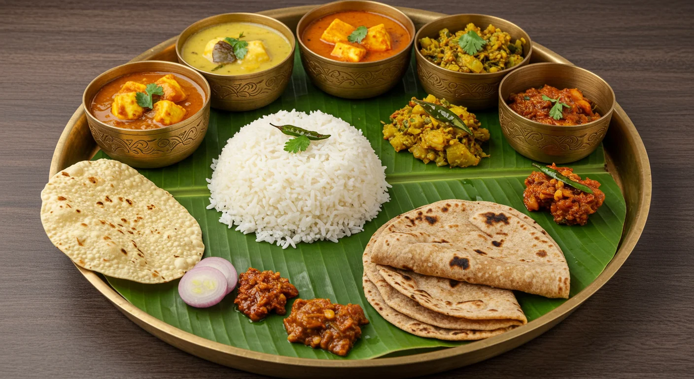 Traditional Indian Thali on Banana Leaf | South Indian Brass Plate Meal | AIClips