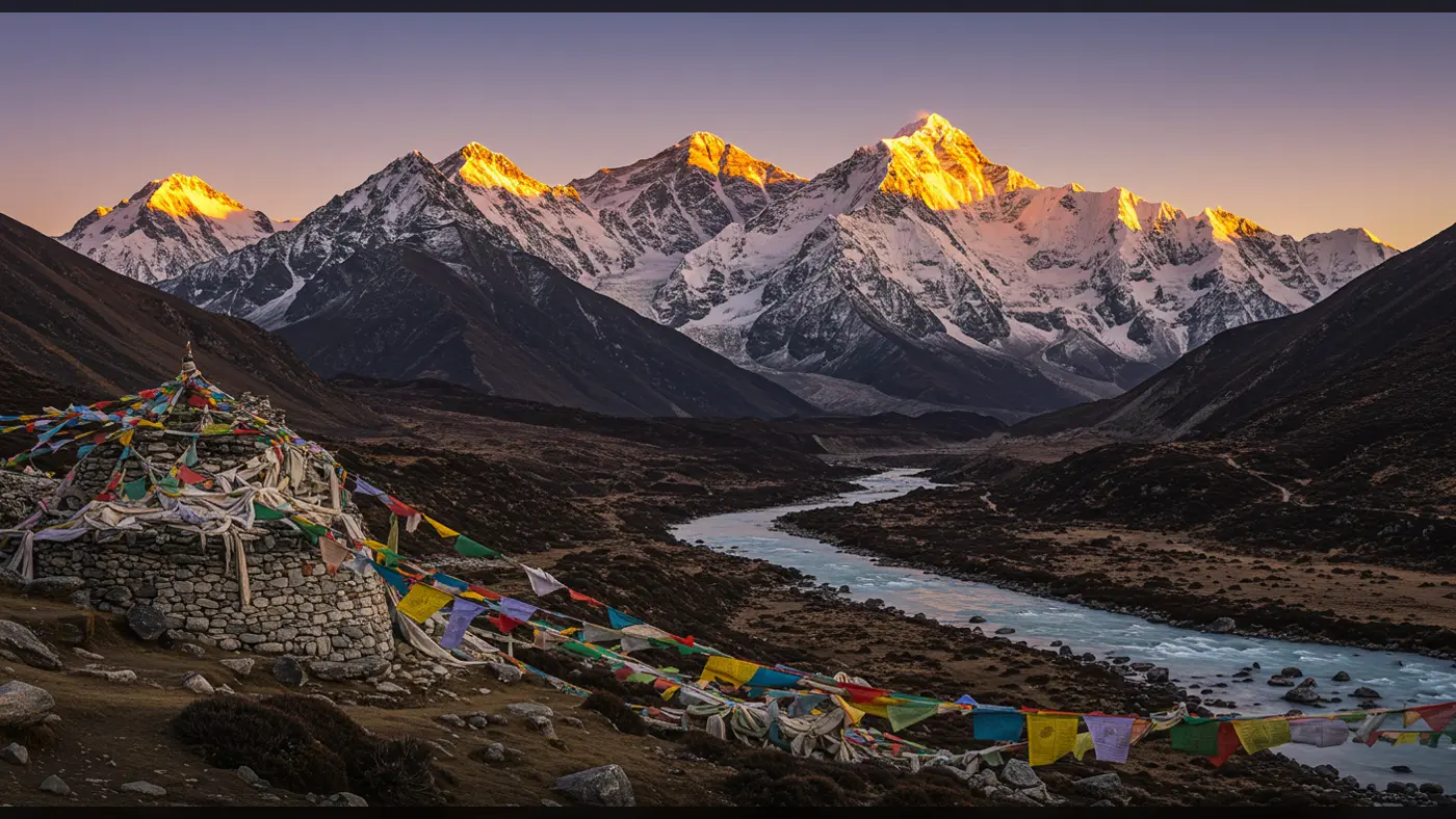 Himalayan Sunrise Over River Bend and Prayer Flags