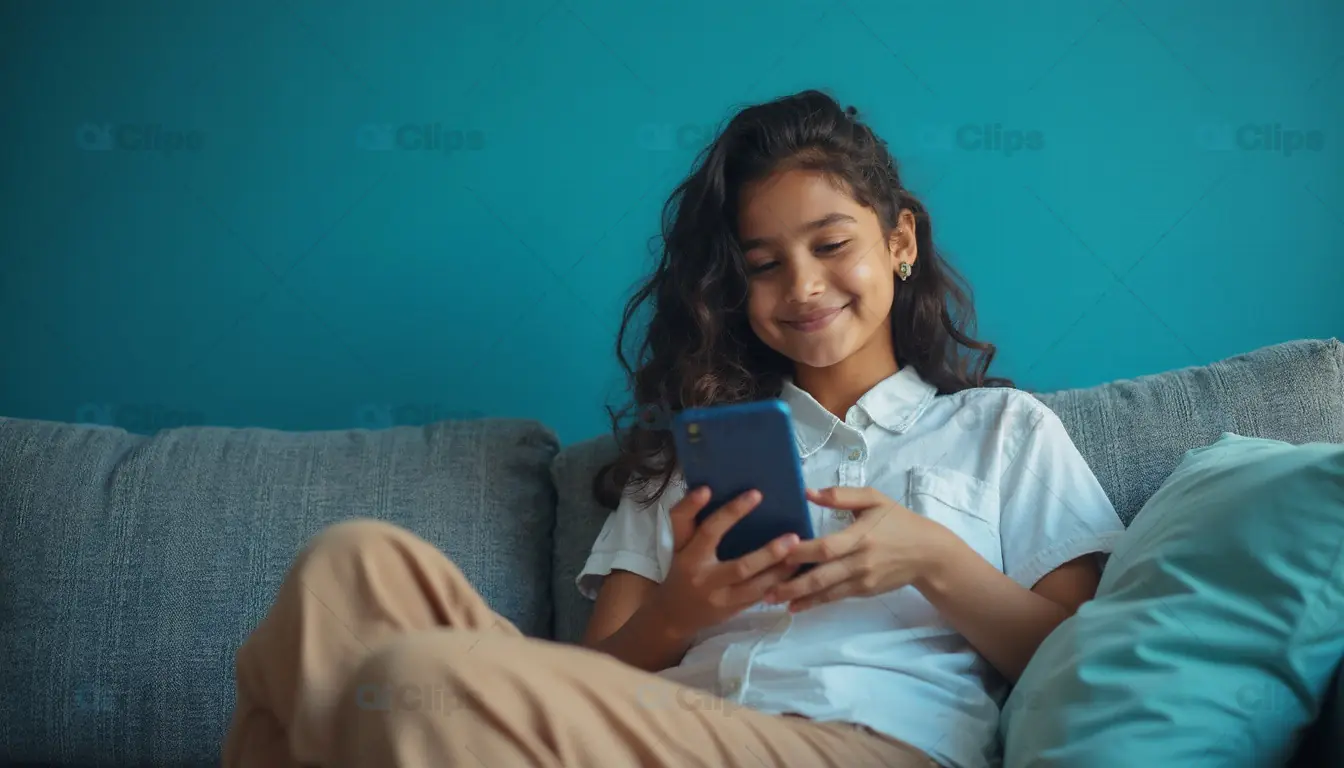 Happy Girl Using Smartphone on Couch