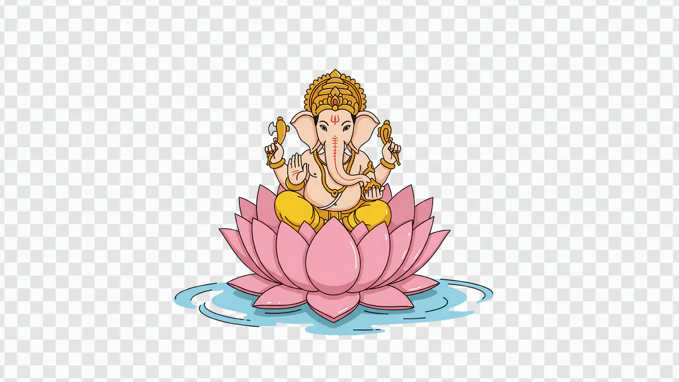 Lord Ganesha Seated on Pink Lotus Flower PNG