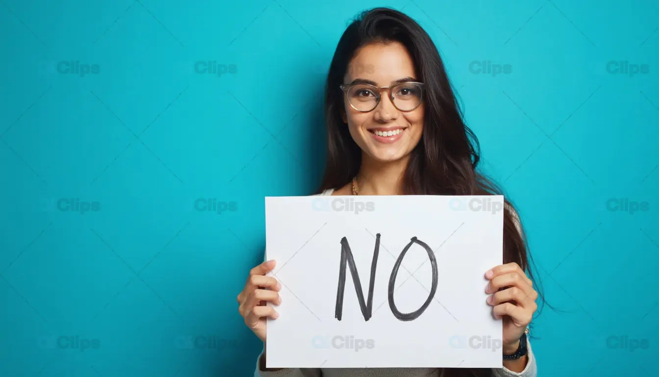 Woman Smiling Holding "No" Sign
