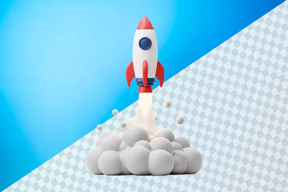 Cartoon rocket launching with smoke on blue background