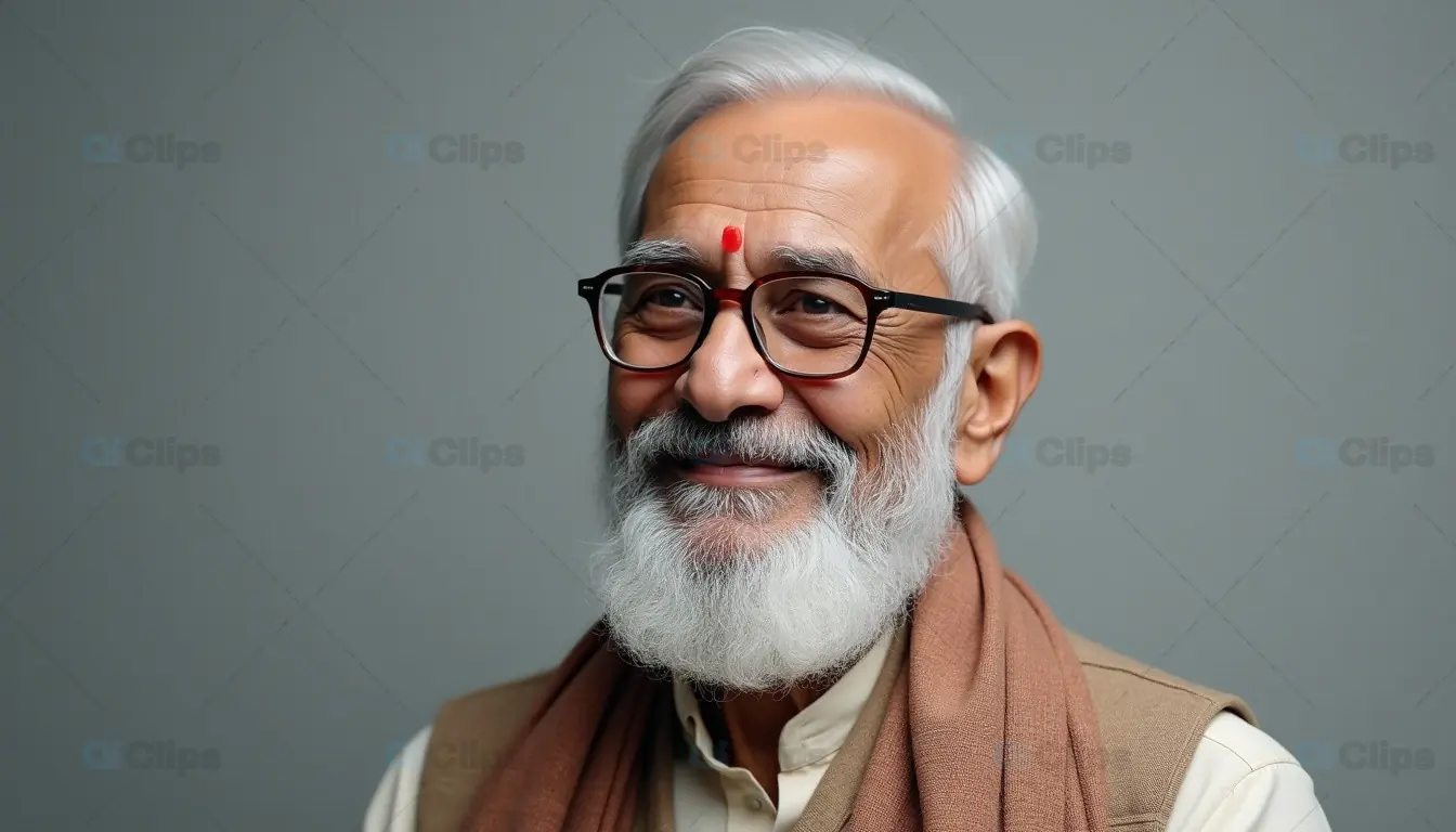 Elderly Indian Man with White Beard and Glasses Smiling