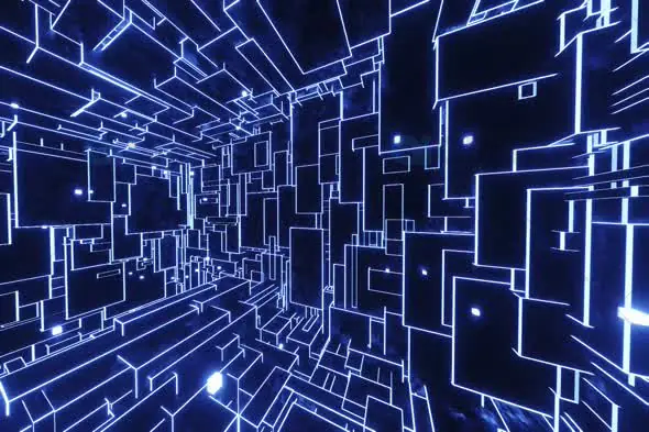 Futuristic Blue Neon Digital Grid Tunnel Animation