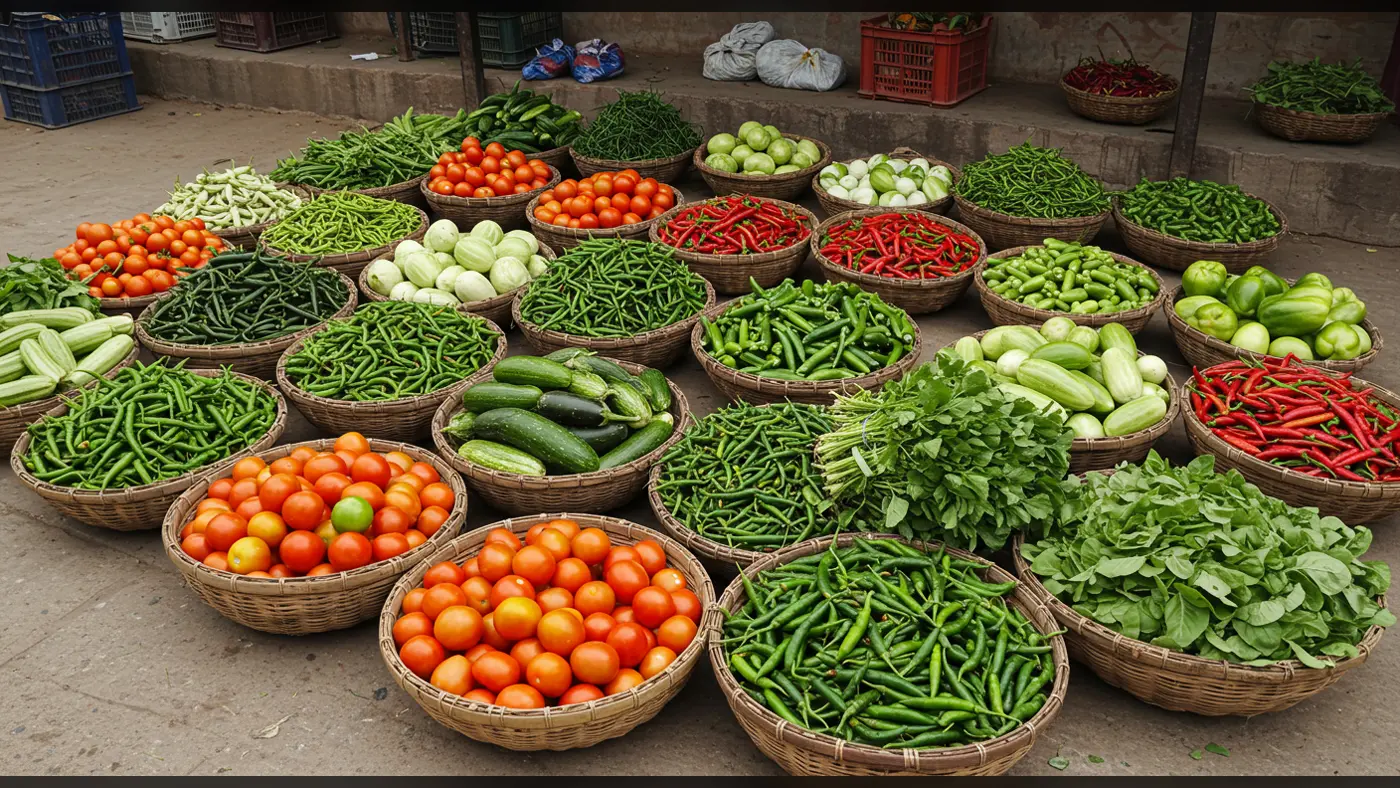 Fresh Indian Street Vegetable Market Basket Display | AIClips Bazaar Stock Photo